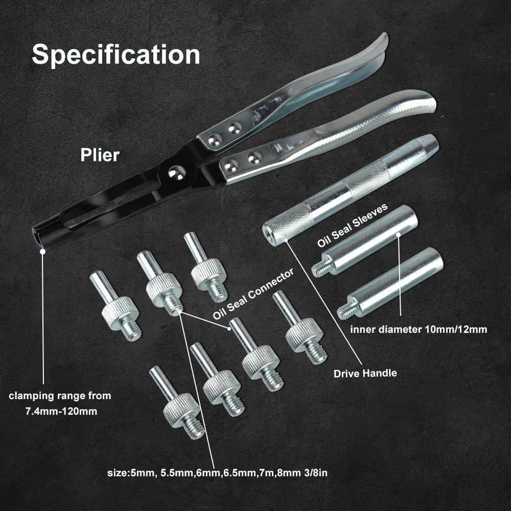 11 шт. с набором переходников для сальников, набор гнезд для разборки штока распредвала двигателя автомобиля, плоскогубцы для снятия зажимов сальников