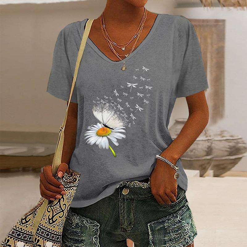 Women's T-Shirt Floral Pattern Printing Fashion Casual Oversized High-Quality Tee Shirt V-Neck Women's Clothing Summer