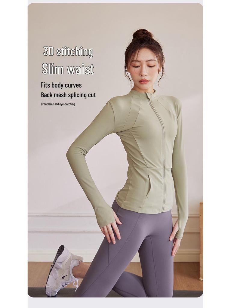 Одежда для фитнеса с эффектом «обнажённой кожи»: Приталенная куртка для йоги с длинными рукавами и карманом на молнии