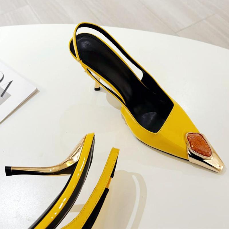 Fashion Metal Jewelry Decorated High Heels Women Sexy Pointed Toe Patent Leather Slingback Heeled Sandals Elegant Party Wedding Shoes