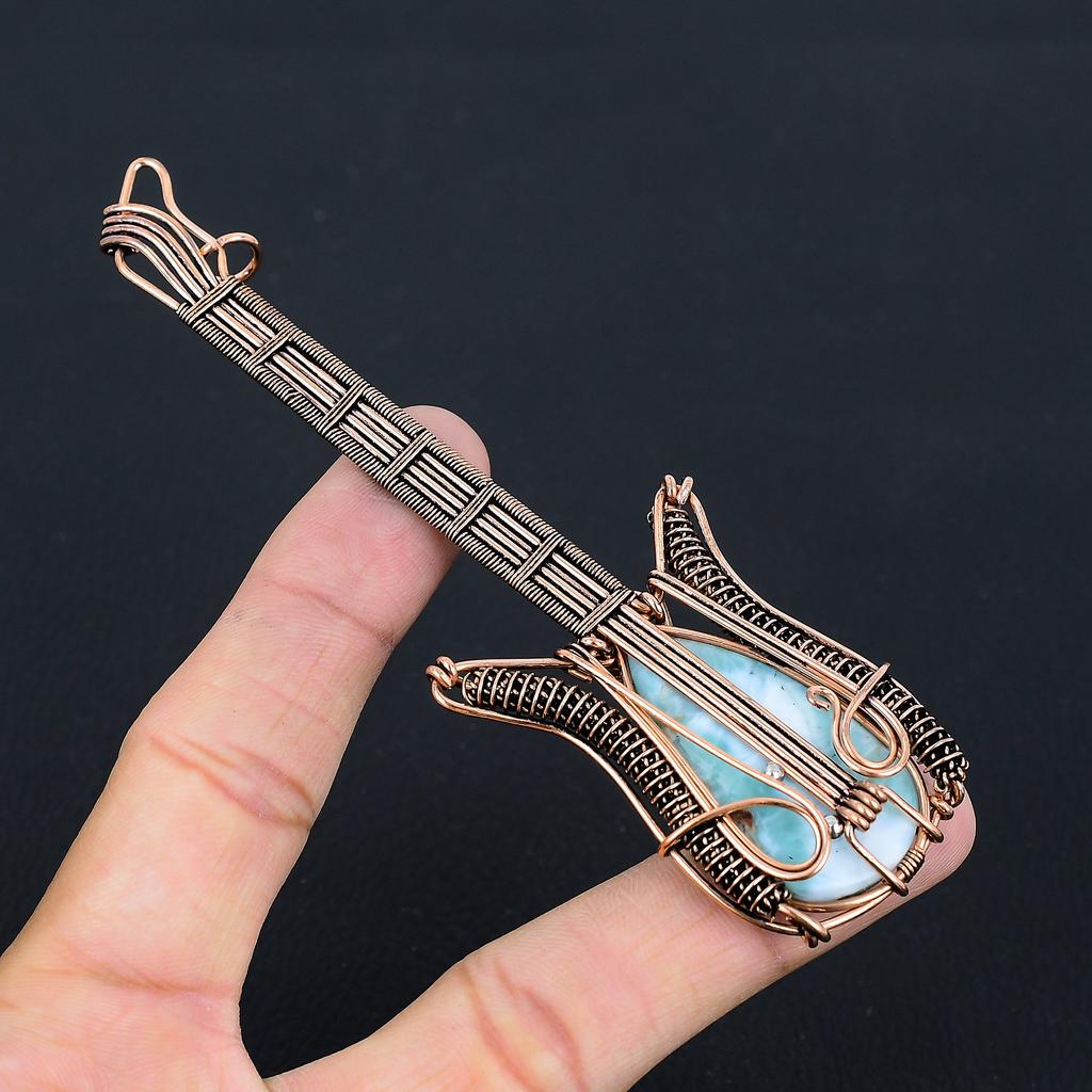 Republic Larimar Handmade Copper Wire Wrap Guitar Pendant 4.53 R9d69