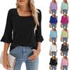 Women's Casual 3/4 Sleeve Tops Summer Square Neck T Shirts Ruffle Loose Fit Tunic Blouses