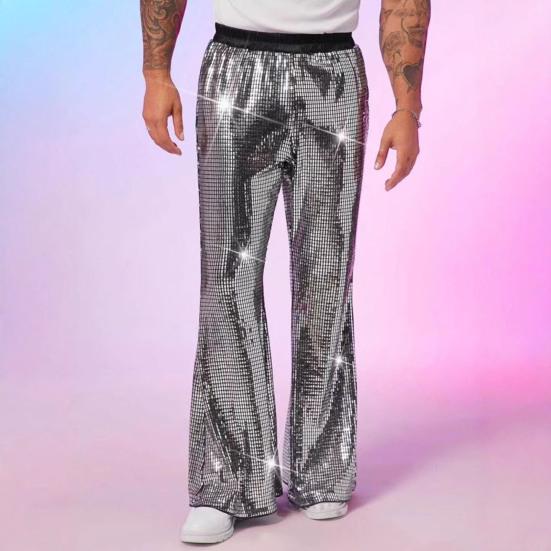 Men's Sequin Flared Trousers Shiny Hip-Hop Disco Pants Elastic Waist Retro Wide Leg Pants for Stage Performance Night Club Bar Dance
