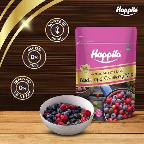 Happilo Premium Dried Blueberry Cranberry Duet 200 г упаковка | Смесь сушеной клюквы и черники | Натуральные сушеные ягоды | Низкокалорийный перекус