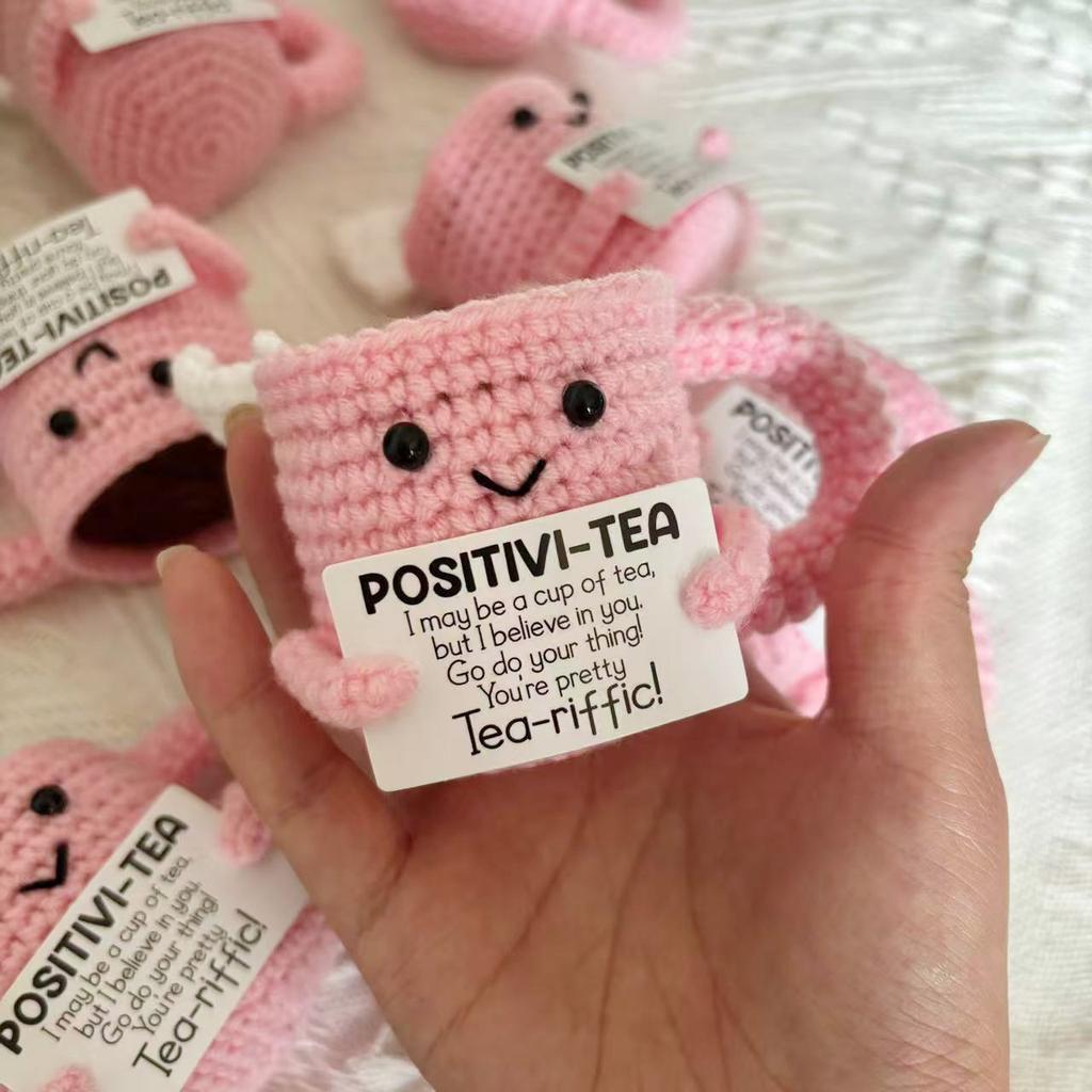 Funny Crochet Positive Pink Tea Cup Doll with Motivational Card Handmade Emotional Support Cup Desktop Ornament for Women Friend