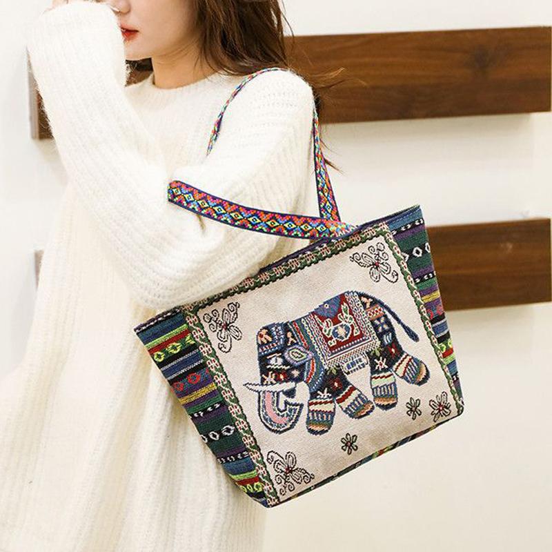 New Ethnic Style Shoulder Bag Office Handbag Student Canvas Embroidery Elephant Casual Travel Storage Tote Bag For Women