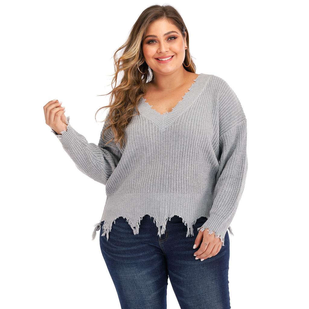 Women's Autumn and Winter Large Size Long Sleeve V-Neck Splicing Thickened Sweater