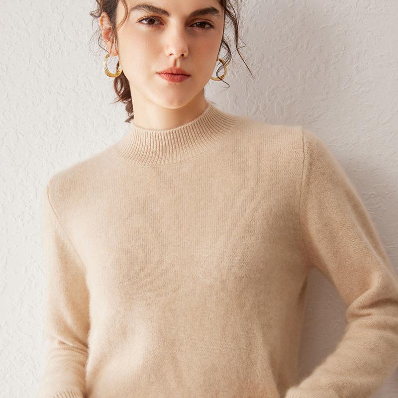 Women's 100% Cashmere Pullover Sweater, Half-High Collar, Long Sleeve, Thick Knit, Autumn/Winter Style.