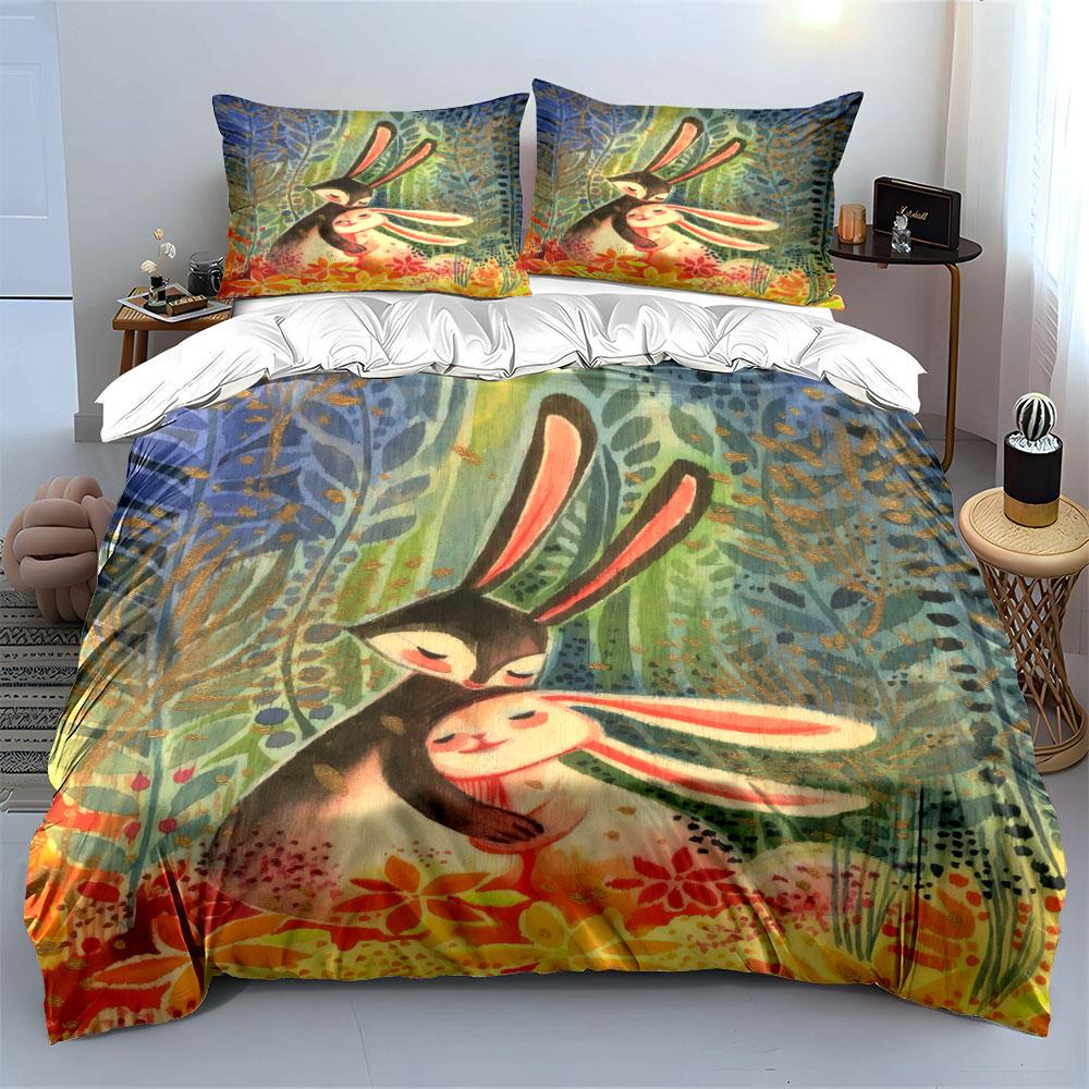"Rabbit Family Art Decor Set" Soft Skin-Friendly Bedding Set Includes 1 Duvet Cover And 2 Pillowcase, Gift