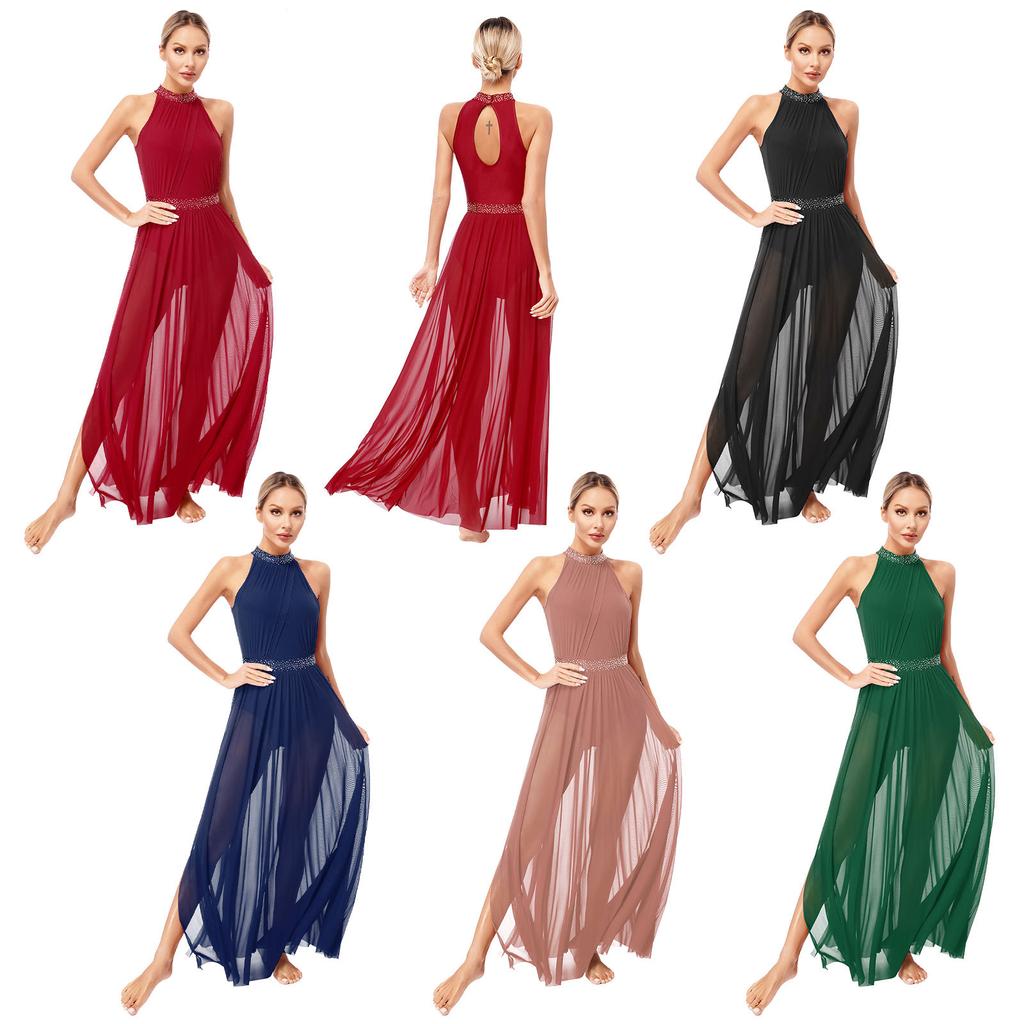 Women's Sleeveless Mesh Side Split Lyrical Dance Costume Modern Dancewear Maxi Long Dress