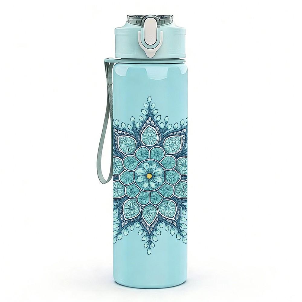 1PC Blue Snowflake Mandala Design 750ml Color Plastic Sports Water Bottle Leakproof Flip Straw Lid Suitable for Sports Office Home Use