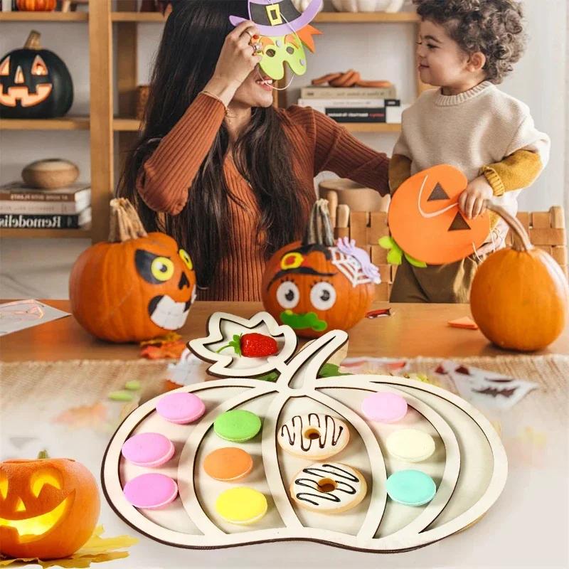 Latests Models Pumpkin Shaped Wooden Dessert Tray Halloween Thanksgiving Home Kids Favors Fruit Serving Happy Party Decoration