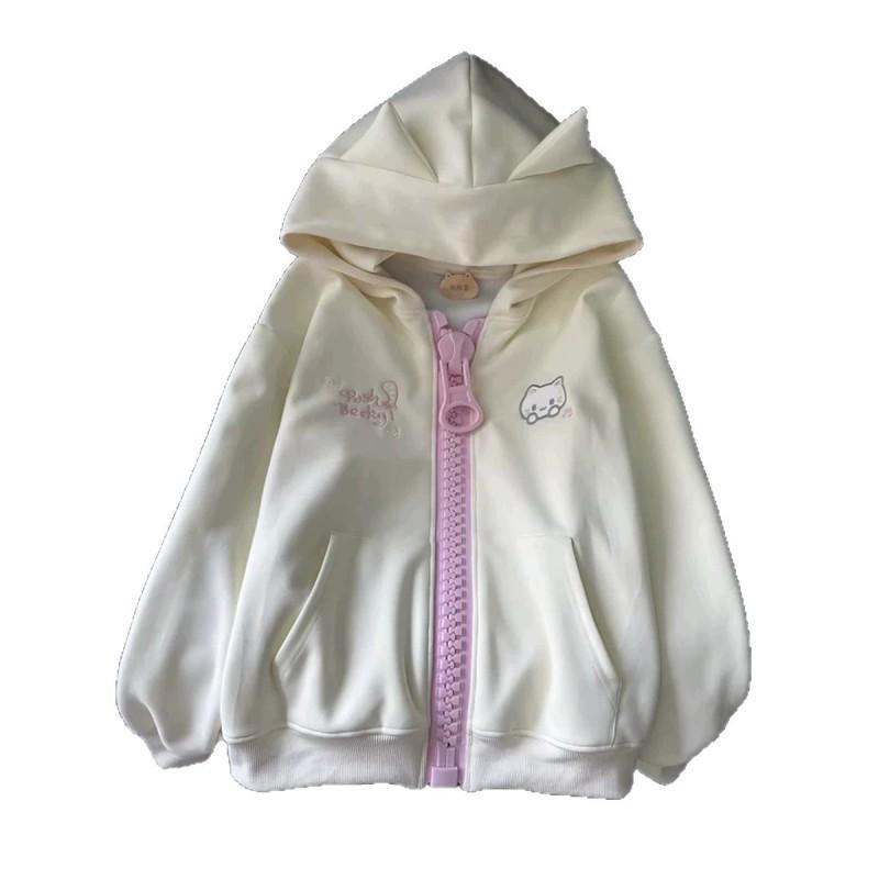 2026 Женская оверсайз толстовка с капюшоном, вышивкой кошки, цветовыми блоками, на молнии, повседневная уличная одежда, топ