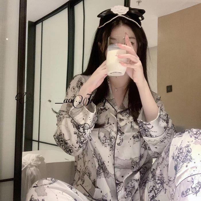 Женская шелковая пижама с цветочным принтом - С длинным рукавом, тонкая и стильная корейская домашняя одежда для весны/осени