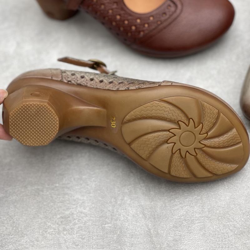 Johnature Винтажные босоножки ручной работы из натуральной кожи на высоком каблуке с выемками, дышащие женские туфли