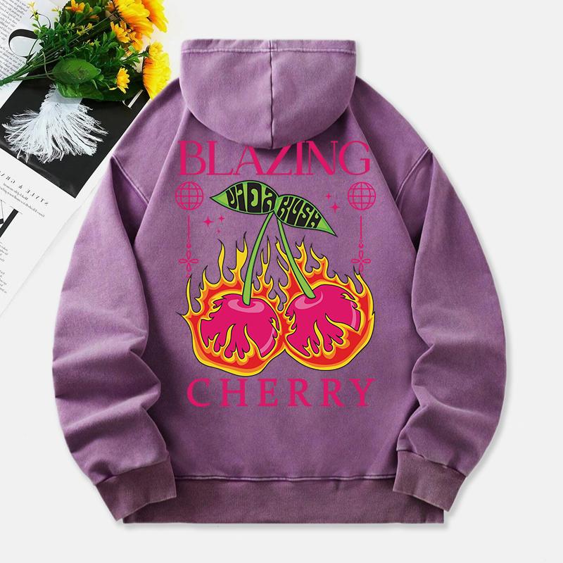 Ярко-вишневые выстиранные худи женские с винтажными принтами, хлопковые пуловеры, состаренный карман, оверсайз, одежда с капюшоном