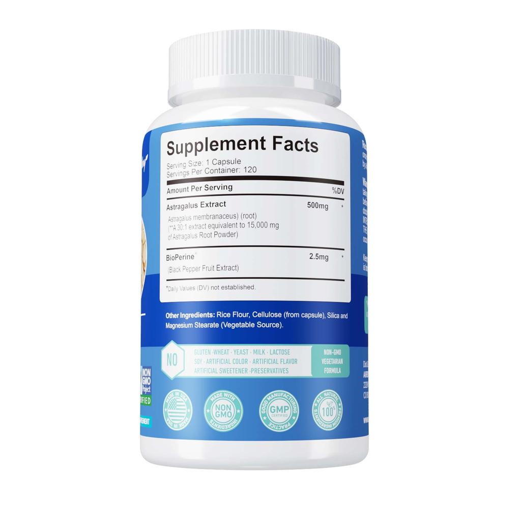 Astragalus capsules, 15,000 mg per serving, contain black pepper extract, suitable for both men and women.