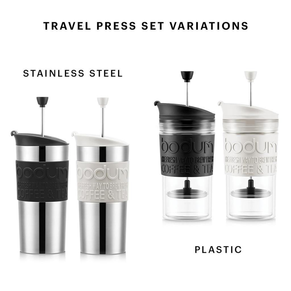Bodum Кофеварка Кофе-пресс TRAVEL PRESS SET Портативная кофеварка 350 мл Черная нержавеющая сталь Двойная структура Термопогружной тип Французский