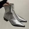 Women's Ankle Boots Fashion Pointed Toe Square Heel Middle Heels Casual Women Shoes Silvery Low Tube Large Size Short Boot