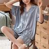 Summer Women's Ice Silk Ins Korean Vertical Stripes Simple Pajamas Homewear Set Girls Short-Sleeved Shorts Loose Suit