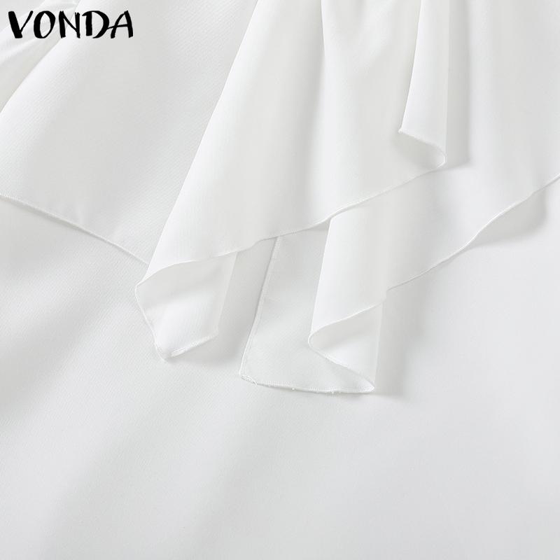 VONDA Женские летние однотонные блузки с воротником-стойкой и коротким рукавом с оборками