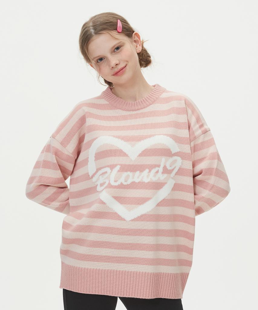 BLOND9 Striped Heart Round Neck Knit_Pink