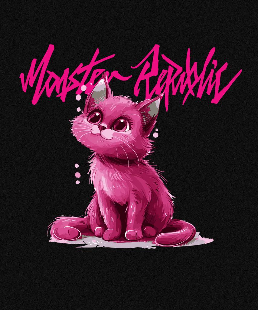 MONSTER REPUBLIC Известный Кот Ярко-Розовый Футболка Черная