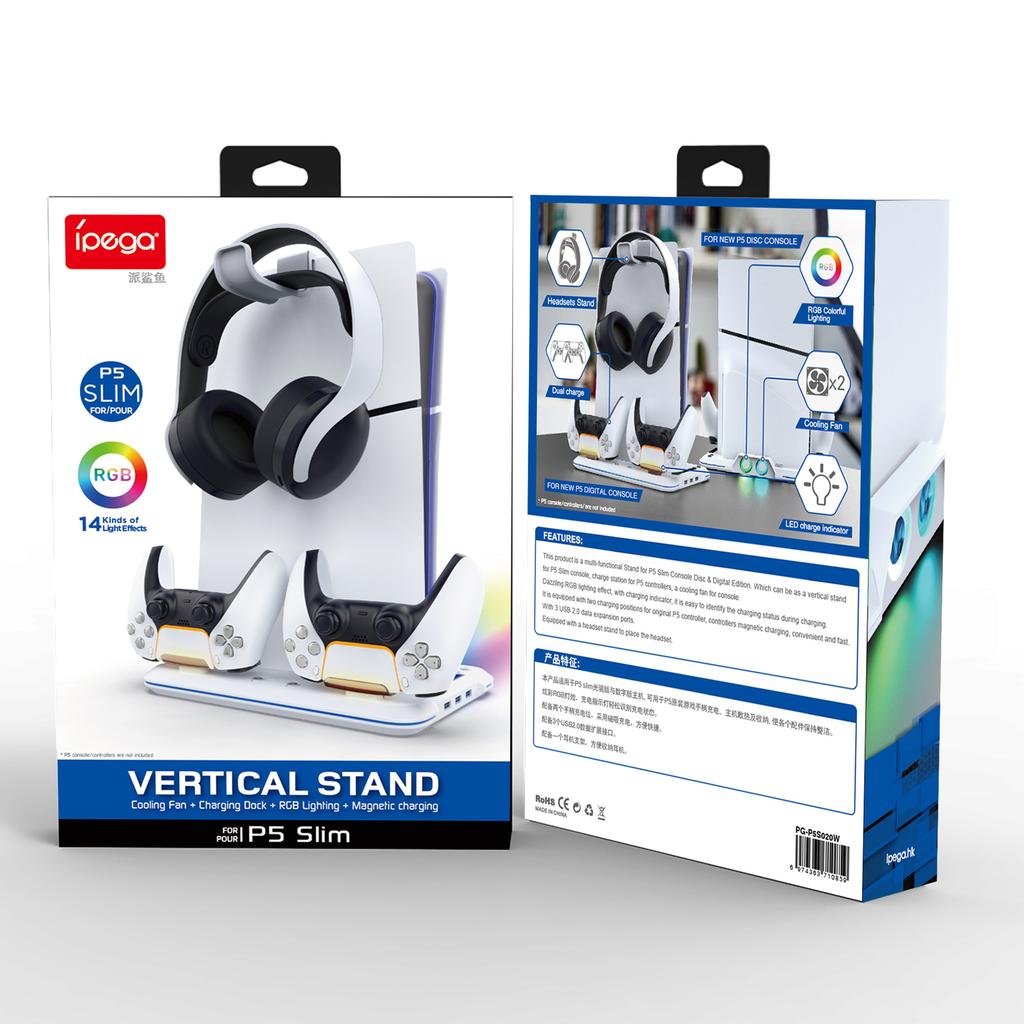 IPEGA PG-P5S020W для игровой консоли Sony PS5 Slim, охлаждающая подставка, зарядное устройство для двух контроллеров, вешалка для наушников