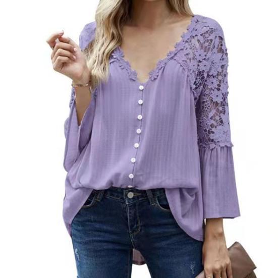 Женская блузка, сплошной цвет, кружевной пуловер, топ с расклешенными рукавами и V-образным вырезом