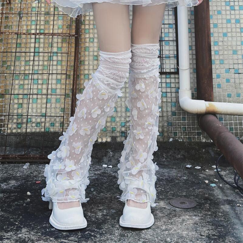 Модные женские гетры с цветочным принтом и бабочками в стиле Fairycore, прозрачные кружевные сетчатые чехлы на сапоги, сборчатые носки выше колена без стопы