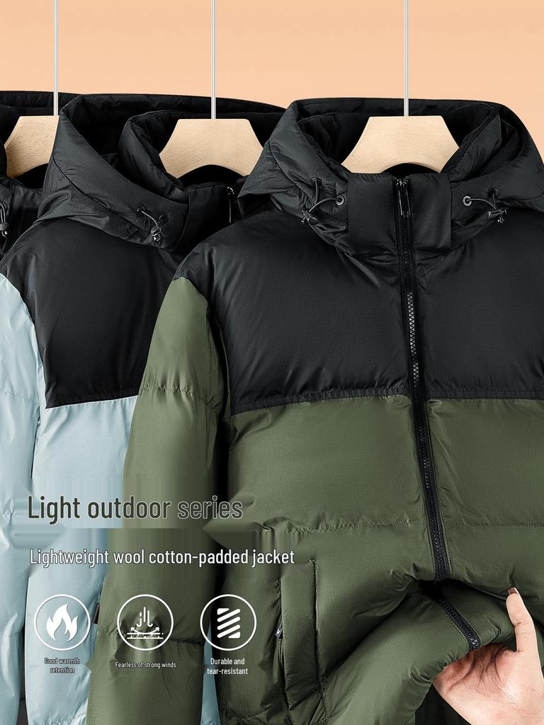Мужская зимняя куртка с капюшоном, color block, наполнитель пух-хлопок, шерсть - Толстая, теплая, свободного кроя, с воротником-стойкой