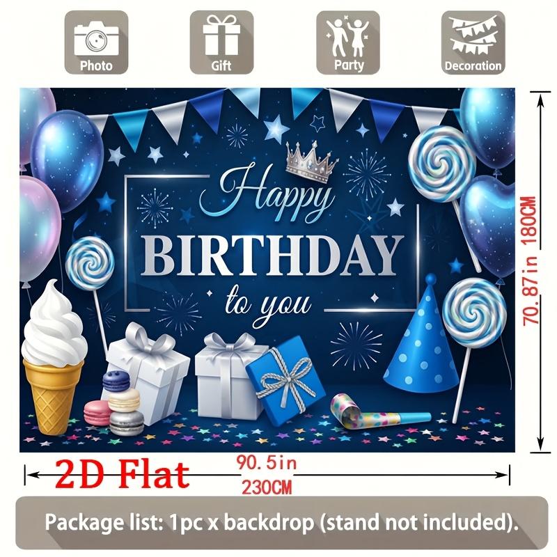 Elegant Navy-Blue Festive Backdrop with Sparkling Stars, Glossy Balloons, Striped Bunting, Lollipops, Ice Cream Cone, Gift Boxes, Party Hat