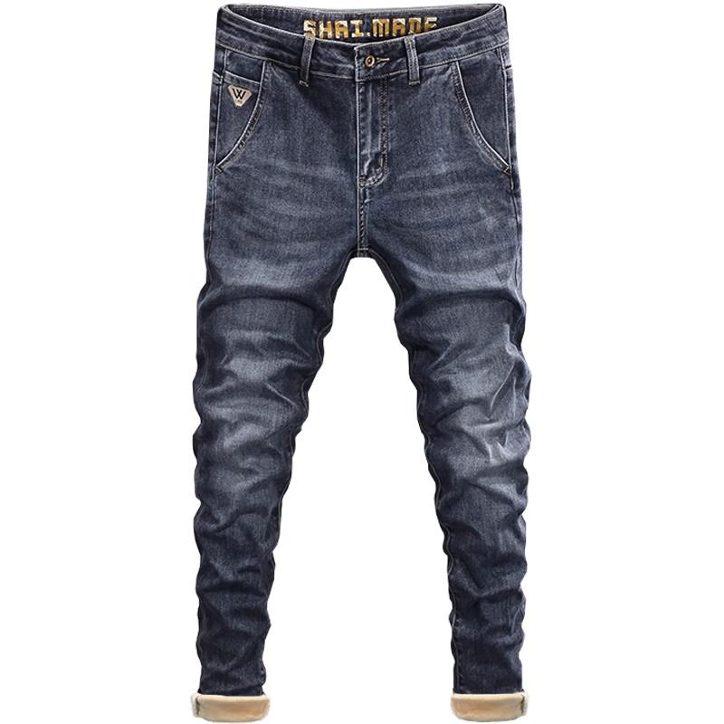 Зимние высококачественные фирменные вышитые модные брендовые джинсы 2024 года, мужские облегающие прямые теплые брюки в корейском стиле с флисовой подкладкой