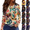 Women's Fashionable Casual  Neck Long Sleeve Hem Split Carnival Print T-Shirt Top