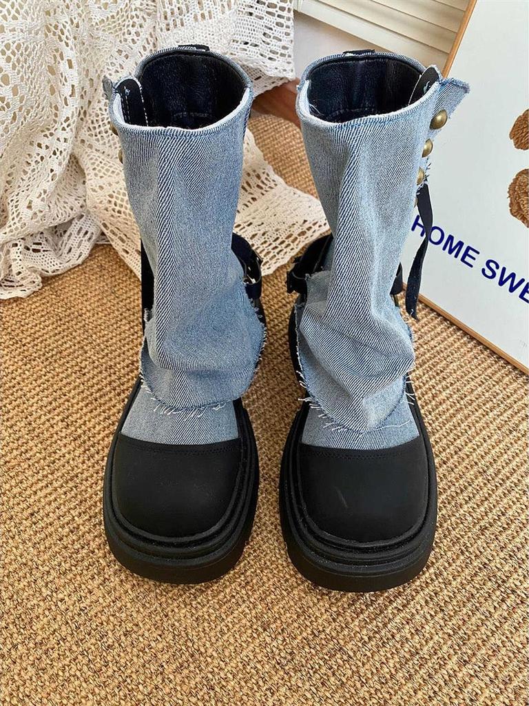 Модные ковбойские полусапоги на платформе с круглым носком для женщин, весенне-осенние, шикарные и элегантные, для косплея, до середины икры, женские