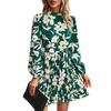Women Printed Dress with Waistband Long Sleeves Half High Collar Dress Pleated Hem Short Dress