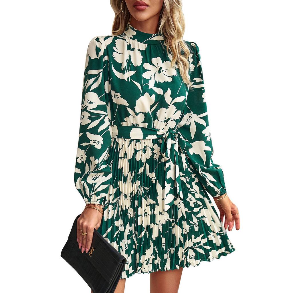 Women Printed Dress with Waistband Long Sleeves Half High Collar Dress Pleated Hem Short Dress