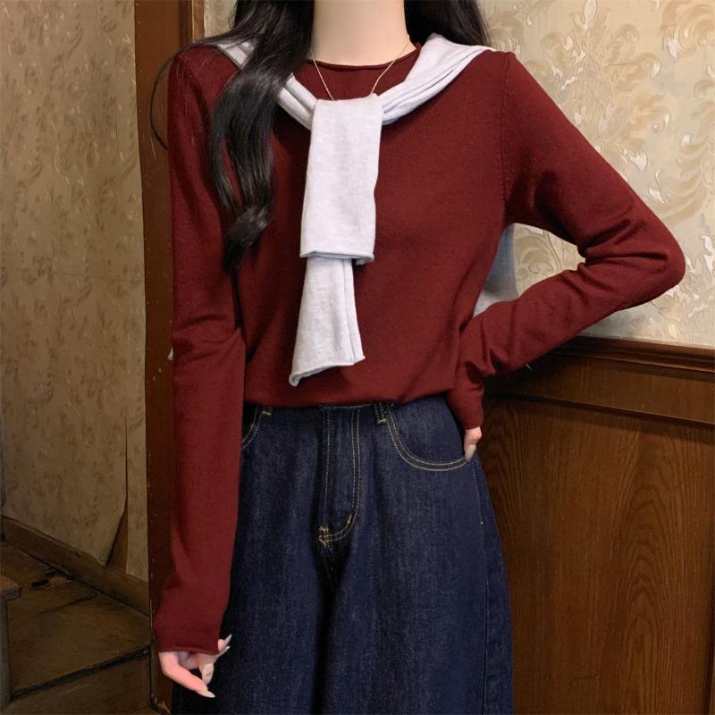 Свитер с плечами женский мягкий восковой внутренний вязаный свитер осень и зима повседневный простой базовый топ с длинными рукавами