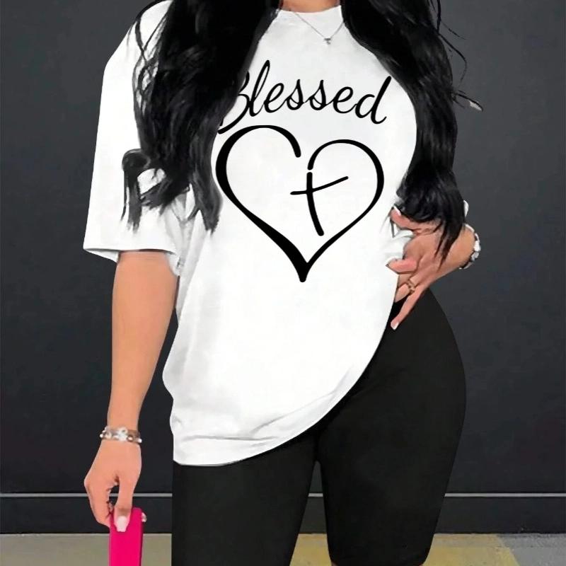 Благословенная футболка большого размера с принтом Женская летняя повседневная оверсайз простая модная с круглым вырезом и коротким рукавом Топы Одежда Футболка