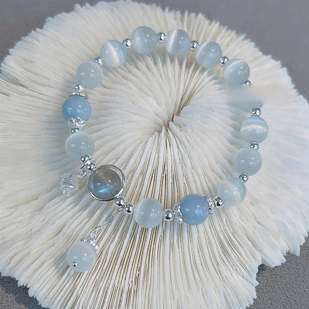 Женский браслет Minsheng Aquamarine Star с кристаллами кошачьего глаза и лунным камнем - элегантный легкий роскошный дизайн