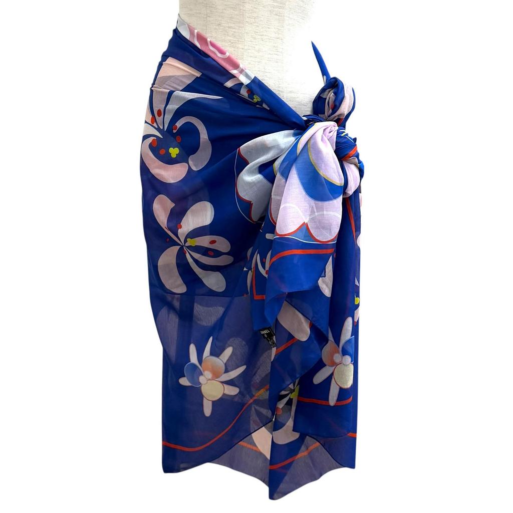 Excellent CHANEL COCO Mark Floral Print Large Pareo blue cotton Women G19 Used