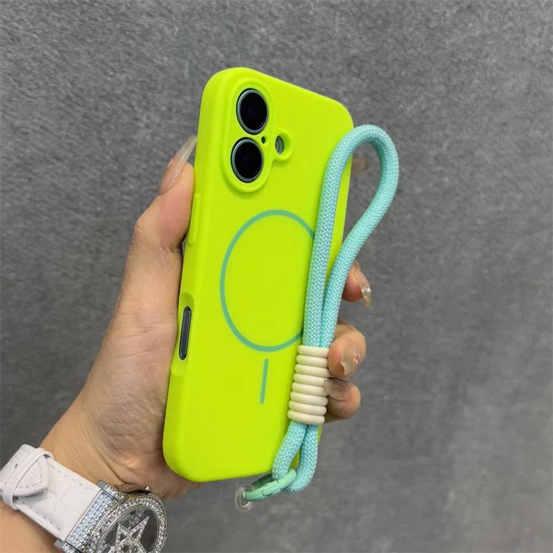 Оригинальный чехол Candy из жидкого силикона с MagSafe для iPhone 17 16 15 14 13 12 Pro Max, мягкий, противоударный, с магнитной ремешком-шнурком