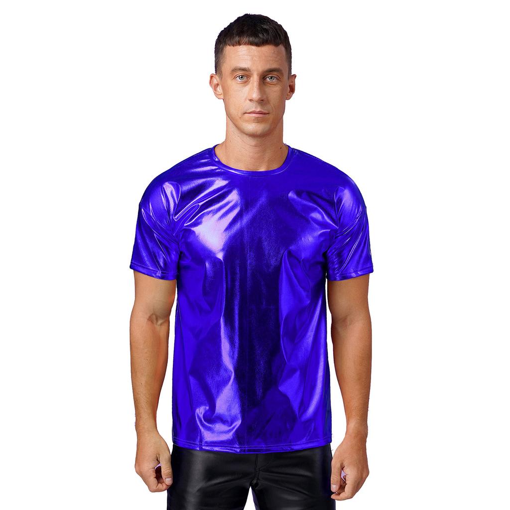 Мужской блестящий топ с металлическим отливом, круглым вырезом и короткими рукавами для клубных шоу или танцевальных вечеринок