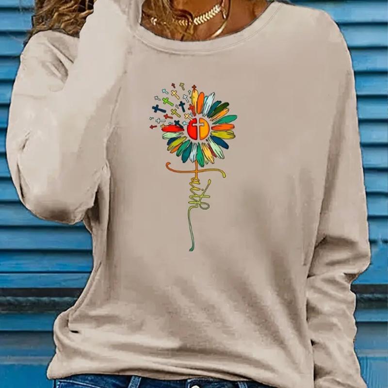 Топы для женщин с цветным принтом в виде букв и цветов, с круглым вырезом и длинным рукавом, осенняя повседневная тонкая кофта-пуловер для женщин с длинным рукавом