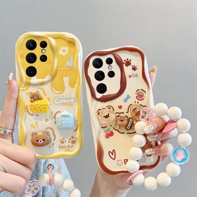 Чехол для телефона с кремовым тортом для Samsung Galaxy S24 Ultra S23 S22 S21 S20 FE A25 A54 A34 A24, браслет с 3D мультяшным милым медведем, волнистый чехол
