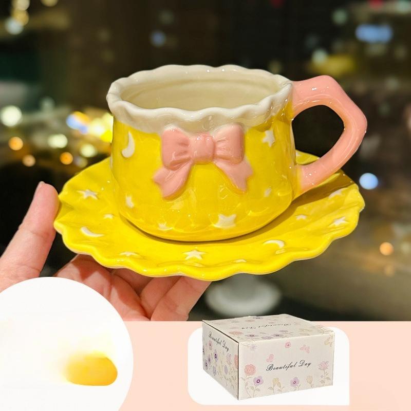 Small Fresh Starry Sky Cup and Saucer Ceramic Coffee Cup Office Girl Heart Bow Afternoon Tea Cup and Saucer Souvenir