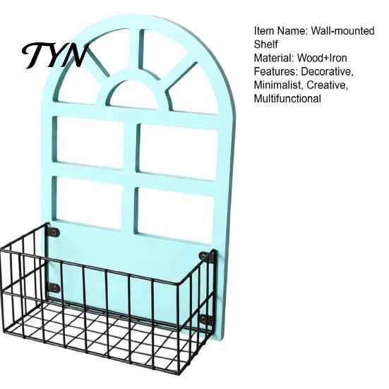 Functional Wall Shelf with Fence for Sundries Wooden House Shape Shelf, Decorative Metal Storage Rack, Creative Mounted Shelves Home Decor Basket