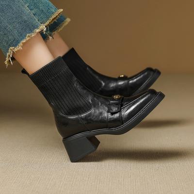 Мягкая кожа круглая голова огромные удобные вязаные носки и ботинки женские 2025 новые на толстой подошве универсальные короткие ботинки плюс осенне-зимний бархат