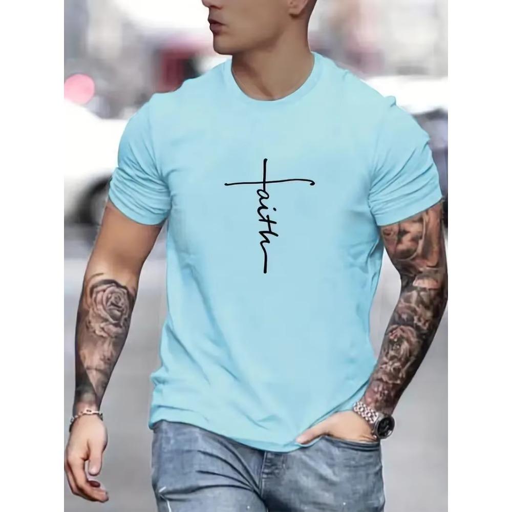 "Faith", Men's Casual Slightly Stretch Crew Neck Graphic Tee, Male Clothes for Summer