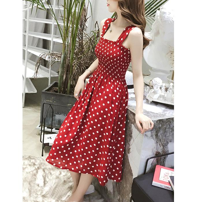 Red Inner Strap Skirt Women's Summer Long Polka Dot One-line Shoulder Dress Slimming Suspenders Base Skirt